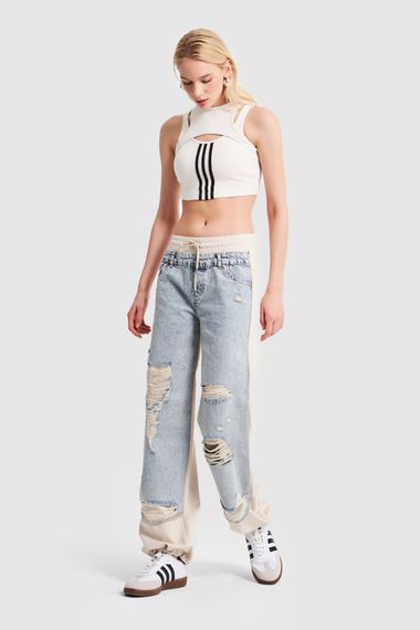 Жіночий бежевий джинсовий одяг із подвійної тканини з лазерними деталями вільного деніму - фото 2