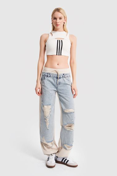Жіночий бежевий джинсовий одяг із подвійної тканини з лазерними деталями вільного деніму - фото 5