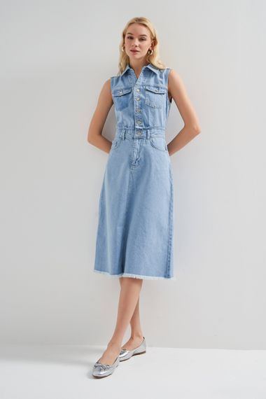 Women's Blue Color Midi Length 100% Cotton Button-Front Denim Dress - photo 3