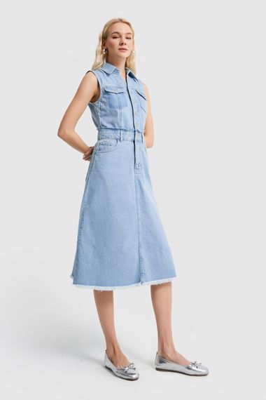 Women's Blue Color Midi Length 100% Cotton Button-Front Denim Dress - photo 4
