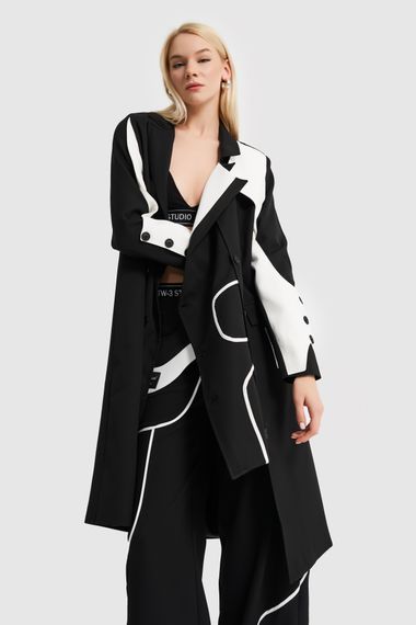 Women's Black and White Pieced Long Design Blazer Jacket - photo 3
