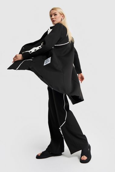 Women's Black and White Pieced Long Design Blazer Jacket - photo 4
