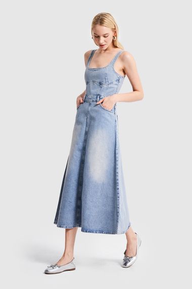 Women's Denim Color Maxi Length A Type Cut Denim Dress - photo 2
