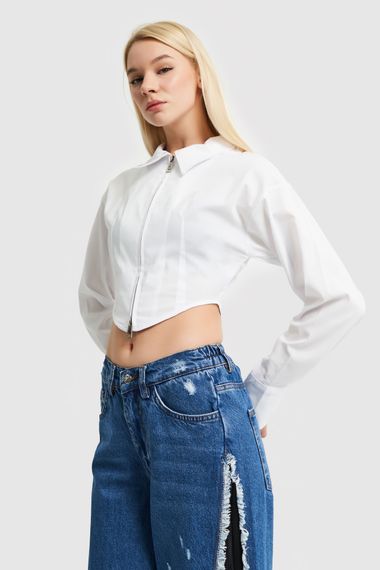 Women's White Color Zippered Crop Design Shirt - photo 3