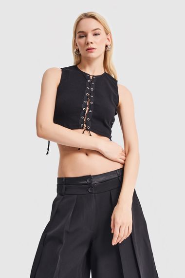 Women's Black Colored Bird Eye Crop Body with Front and Side Tie - photo 2