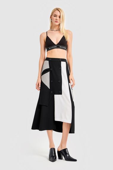 Women's Black Ecru Color Striped Fabric A Type Design Skirt - photo 1
