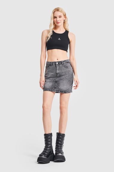 Women's Smoked Color Mini Denim Skirt with Shiny Stones on the Front - photo 1