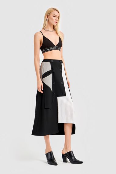 Women's Black Ecru Color Striped Fabric A Type Design Skirt - photo 3