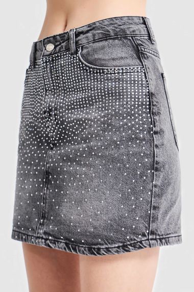 Women's Smoked Color Mini Denim Skirt with Shiny Stones on the Front - photo 3