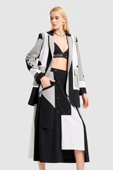 Women's Black Ecru Color Striped Fabric A Type Design Skirt - photo 4