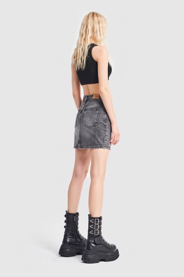 Women's Smoked Color Mini Denim Skirt with Shiny Stones on the Front - photo 5