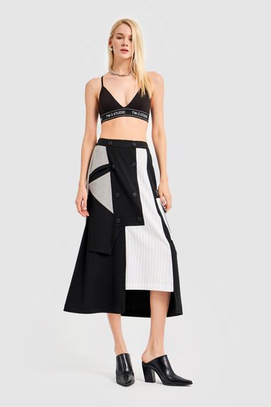 Women's Black Ecru Color Striped Fabric A Type Design Skirt - photo 5