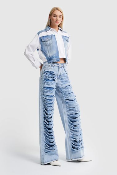 Жіночий джинсовий денім із кольоровим рваним деталізованим вільним кроєм - фото 1