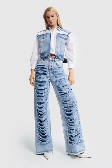 Жіночий джинсовий денім із кольоровим рваним деталізованим вільним кроєм - фото 3
