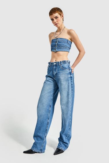 Жіночі сині джинси з регульованим поясом на талії, наддовгі вільні джинси - фото 1