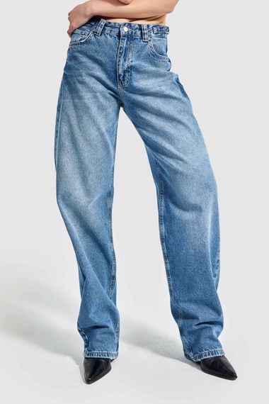 Жіночі сині джинси з регульованим поясом на талії, наддовгі вільні джинси - фото 2