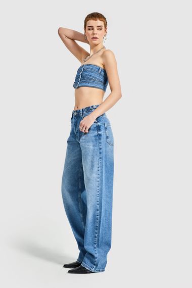 Жіночі сині джинси з регульованим поясом на талії, наддовгі вільні джинси - фото 5
