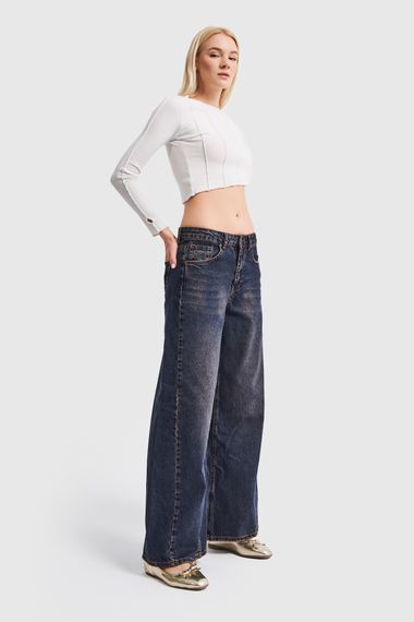 Women's Denim Tint Color Low Waist Super Wide Leg Fit Denim Pants - photo 2