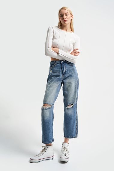 Women's Tint Denim Color Relax Fit Denim Ripped at the Knee - photo 1