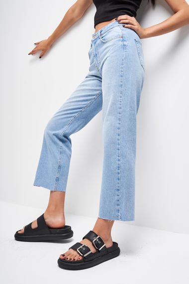 Kadın Mavi Renk Cropped Fit %100 Koton Denim Pantolon - photo 3