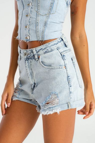 Front Ripped Detailed High Waist Denim Color Women's Jean Shorts - photo 5