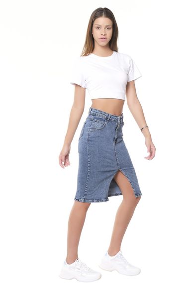 Women's Snow Denim Color Midi Length High Waist Slit Jean Skirt - photo 2