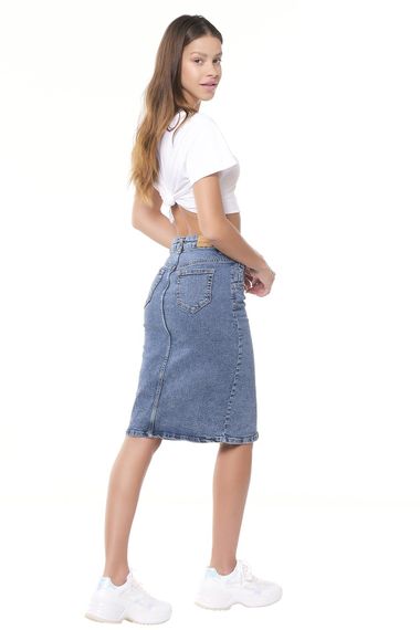 Women's Snow Denim Color Midi Length High Waist Slit Jean Skirt - photo 5