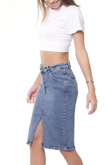 Women's Snow Denim Color Midi Length High Waist Slit Jean Skirt - photo 1