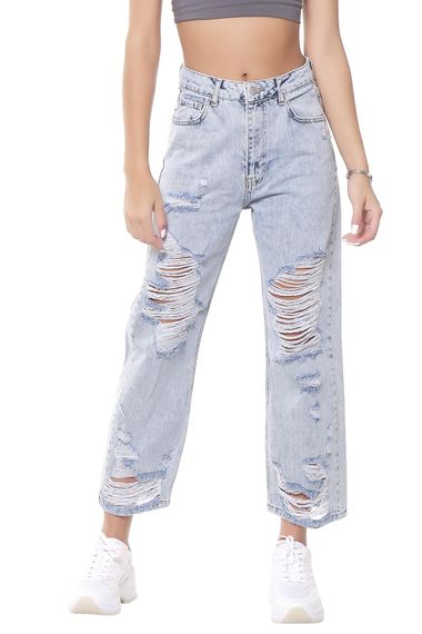 Women's Snow Denim Color Full Ripped Detailed Wide Leg Pattern High Waist Jean - photo 2