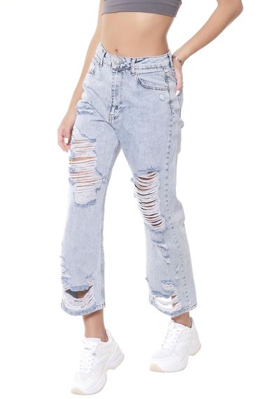 Women's Snow Denim Color Full Ripped Detailed Wide Leg Pattern High Waist Jean - photo 3