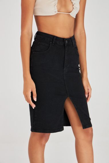 Women's Black Stoned Color Black Od Slit Detailed Midi Length Lycra High Waist Jean Skirt - photo 3