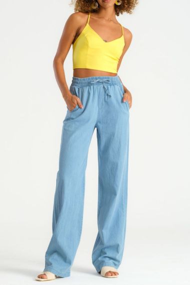 Women's Light Blue Color Slim Summer Fabric Elastic Waist Trousers - photo 1