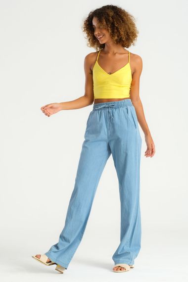 Women's Light Blue Color Slim Summer Fabric Elastic Waist Trousers - photo 4