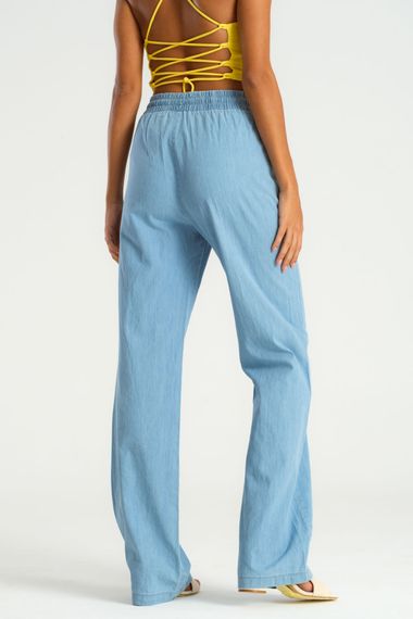 Women's Light Blue Color Slim Summer Fabric Elastic Waist Trousers - photo 3