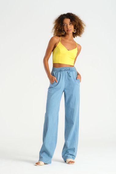 Women's Light Blue Color Slim Summer Fabric Elastic Waist Trousers - photo 5