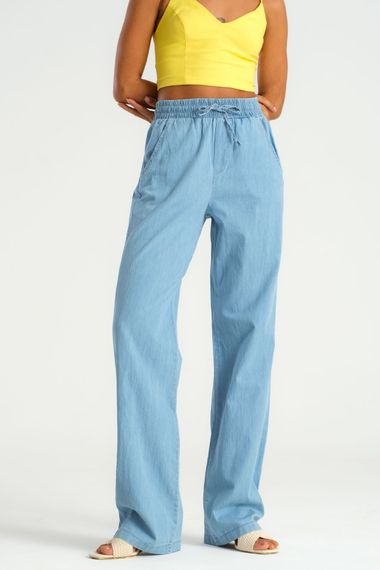 Women's Light Blue Color Slim Summer Fabric Elastic Waist Trousers - photo 2