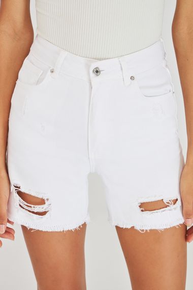 Women's White Color Ripped Detailed White Jean Shorts - photo 3