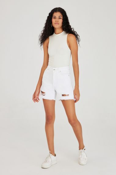 Women's White Color Ripped Detailed White Jean Shorts - photo 5