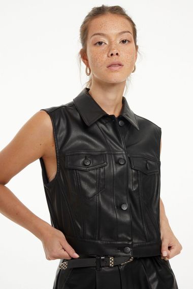 Women's Black Leather Color Front Button Raised Faux Leather Vest - photo 2