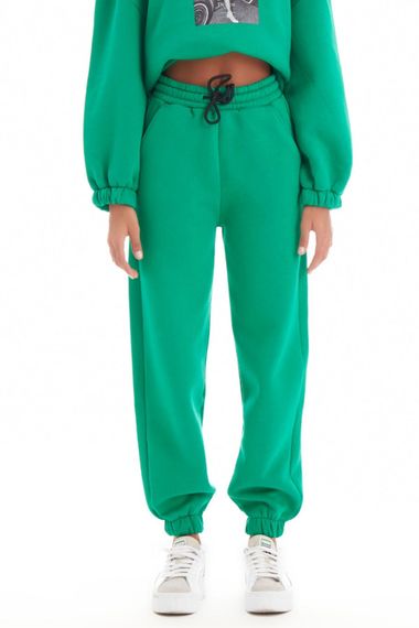 Women's Green Color Three Thread Inner Raised Jogger Fit Sweatpants - photo 2