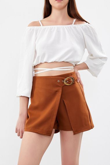 Women's Brown Color Buckle Detailed Fabric Shorts Skirt - photo 1