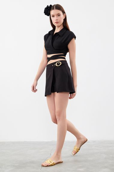 Women's Black Color Buckle Detailed Fabric Shorts Skirt - photo 2