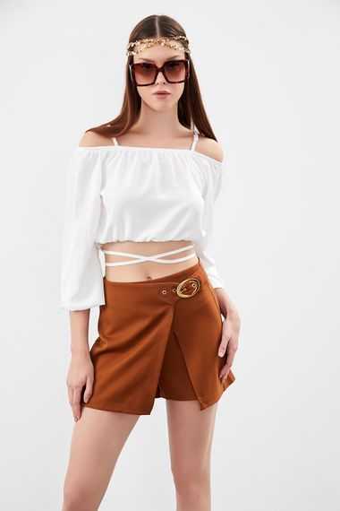 Women's Brown Color Buckle Detailed Fabric Shorts Skirt - photo 4