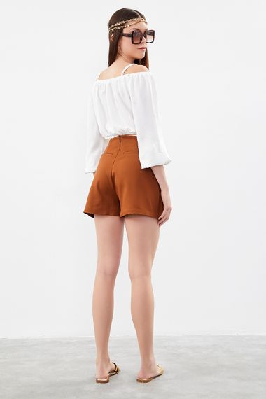 Women's Brown Color Buckle Detailed Fabric Shorts Skirt - photo 3