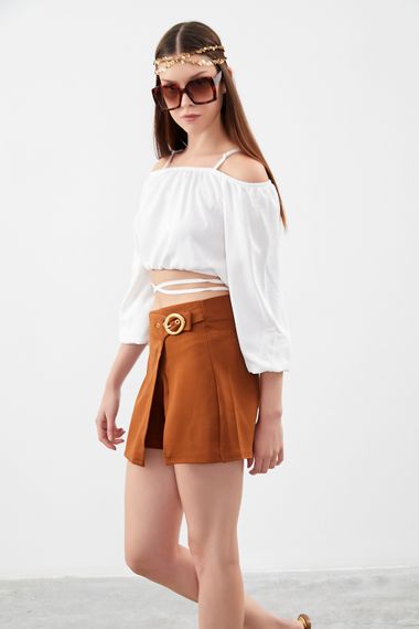 Women's Brown Color Buckle Detailed Fabric Shorts Skirt - photo 2