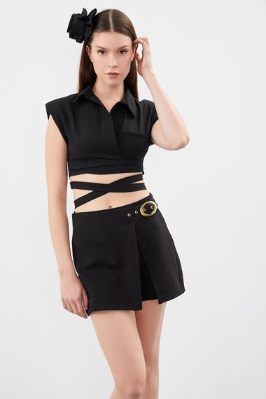 Women's Black Color Buckle Detailed Fabric Shorts Skirt - photo 4