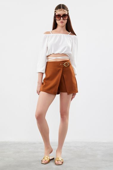 Women's Brown Color Buckle Detailed Fabric Shorts Skirt - photo 5