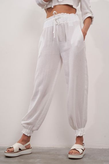 Women's White Color Summer Linen Fabric Jogger Fit Pants - photo 1