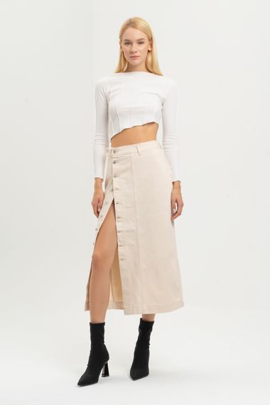 Women's Raw Beige Color Front Buttoned Maxi Length Denim Skirt - photo 1