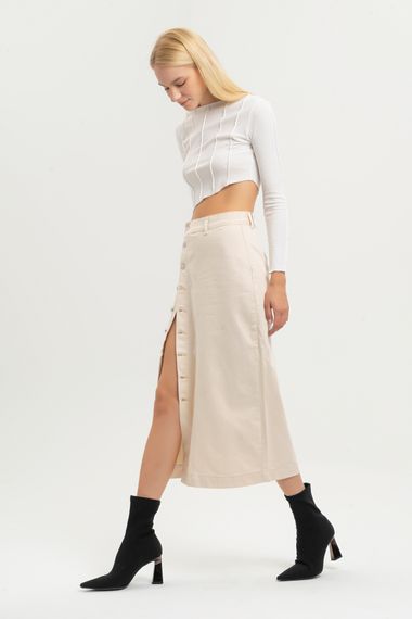 Women's Raw Beige Color Front Buttoned Maxi Length Denim Skirt - photo 3